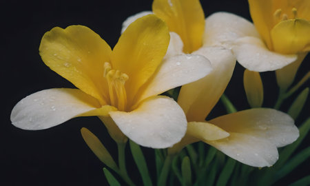Beautiful yellow freesia flowers on black background, closeupの写真素材