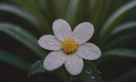 white flower with water droplets on the petals and green leavesの写真素材