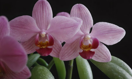 Pink orchids on a black background with water droplets.の写真素材