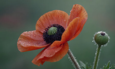 poppy flower in the garden with dew drops on petalsの写真素材
