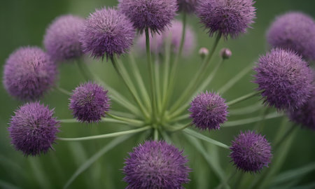 Purple Allium giganteum flowers in bloom on a green backgroundの写真素材