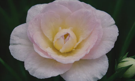 Close-up of a white and yellow camellia flower.の写真素材