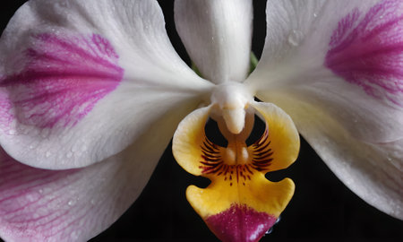 White and pink orchid on a black background, close-upの写真素材