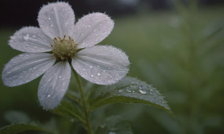 Beautiful white flower with raindrops on the petals in the gardenの写真素材