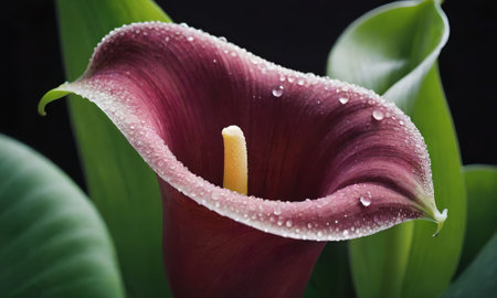 Beautiful purple calla lily with water drops on black backgroundの写真素材
