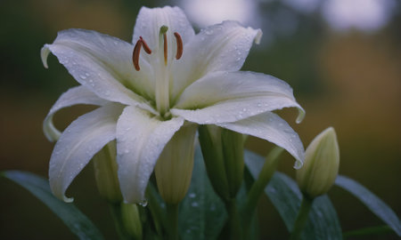 White lily with raindrops on the petals, close-upの写真素材