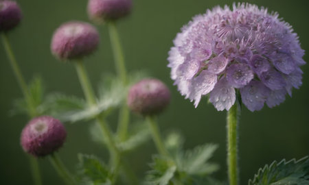 purple flower with water drops on petals and green blurred backgroundの写真素材