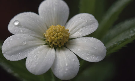 White flower with raindrops on the petals and green leaves.の写真素材