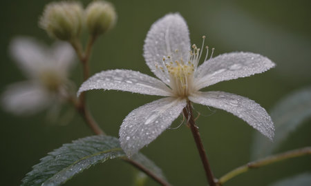 Flowers of a clematis bush with raindrops on itの写真素材