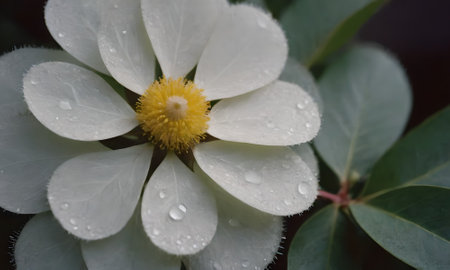white flower with raindrops on the petals and green leafsの写真素材