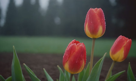 tulips. a bulbous spring-flowering plant of the lily family, with boldly colored cup-shaped flowers.の写真素材
