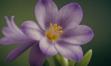 Crocus flower on a dark green background close-up macro photographyの写真素材