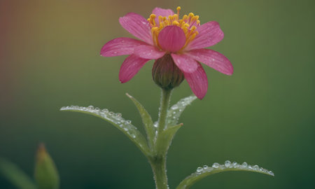 Beautiful purple flower with raindrops on the petals and green leavesの写真素材