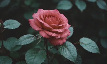Red rose with water drops on green leaves background, vintage tone.の写真素材