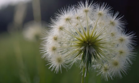 White dandelion flower on a background of green grass in springの写真素材