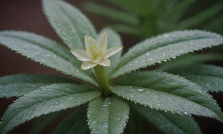 White flower with raindrops on the leaves of a wild plant.の写真素材