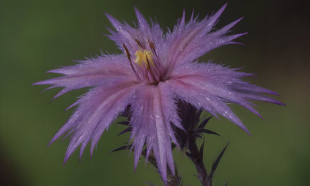 purple flower with drops of dew on the petals and green backgroundの写真素材