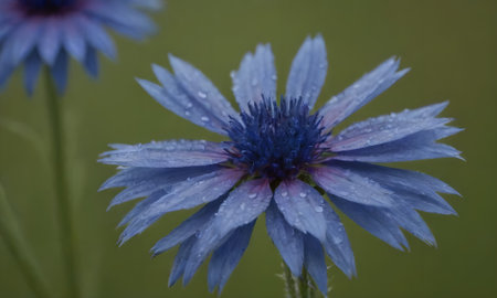 Blue cornflower with drops of dew on the petals.の写真素材