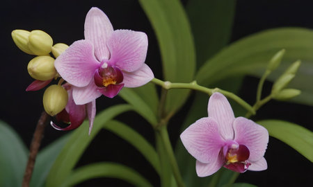 Beautiful pink orchids in the garden on black background.の写真素材