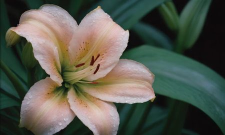 Beautiful lily in the garden with rain drops on petalsの写真素材