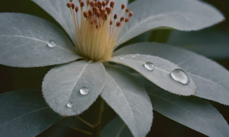 Water droplets on a white flower with green leaves in the backgroundの写真素材