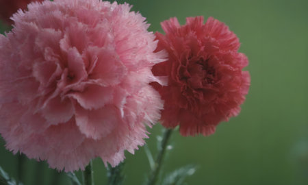 Pink carnation flowers close-up on a background of green grassの写真素材