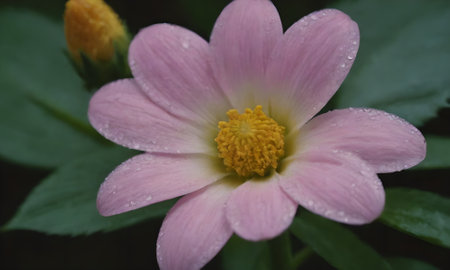pink dahlia flower closeup with water drops on petalsの写真素材