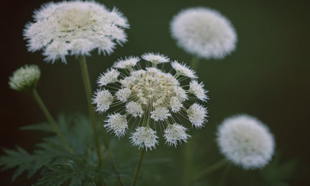 White flowers of dandelion on a background of green grass.