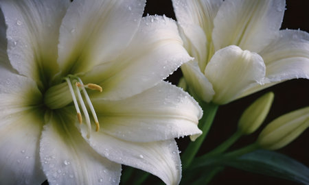 White lily with water drops on the petals close-upの写真素材