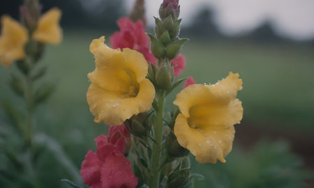Yellow and red flowers of snapdragon (Antirrhinum)の写真素材