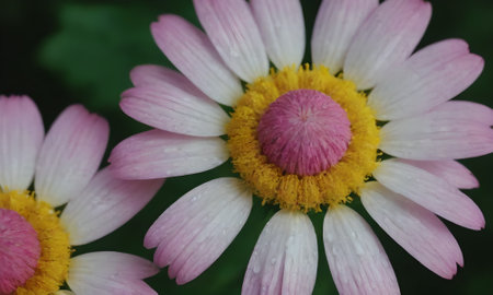 Pink and white daisy flower with water droplets on petalsの写真素材