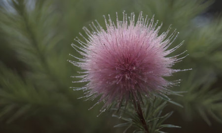 Close up of a pink mimosa flower with dew drops.の写真素材