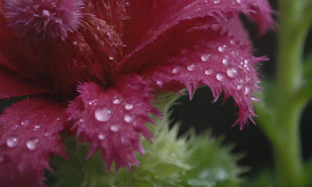 Macro of a red flower with water droplets on petalsの写真素材