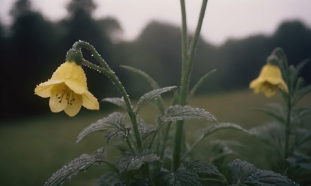 Yellow flower in the garden in the early morning with dew dropsの写真素材