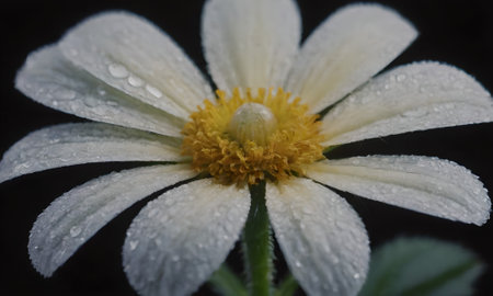 White daisy flower with raindrops on black background, macro shotの写真素材
