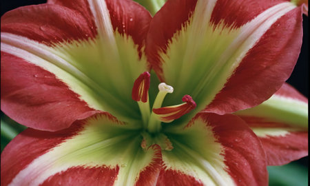 Close up of a red and white lily with a black backgroundの写真素材