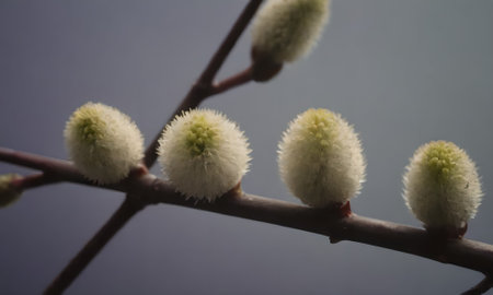 Pussy-willow buds on a gray background, close-upの写真素材