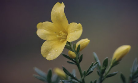 Yellow flower with water droplets on the petals and blurred backgroundの写真素材