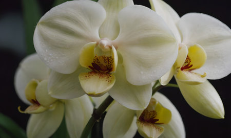 White orchids with yellow and white petals on black backgroundの写真素材