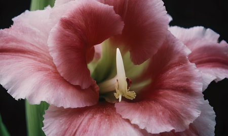 Close up of pink gladiolus flower on a black background.の写真素材