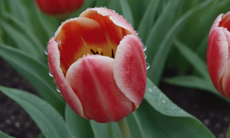 tulip. a bulbous spring-flowering plant of the lily family, with boldly colored cup-shaped flowers.の写真素材