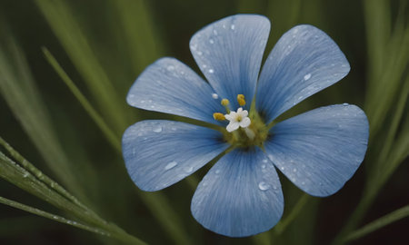 Flax (Linum usitatissimum) flower with water dropsの写真素材