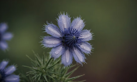 beautiful blue flower with raindrops on the petals close-upの写真素材