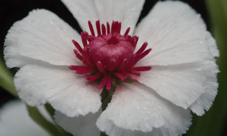 Close-up of white flower with red stamens and water dropsの写真素材