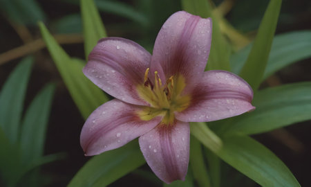 Purple lily with rain drops on the petals and green leavesの写真素材