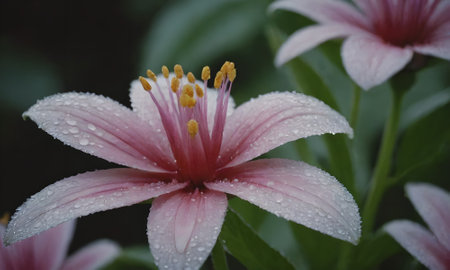 Beautiful pink lily flower with raindrops on the petalsの写真素材