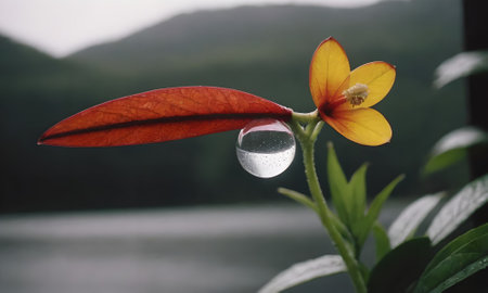 Water drop on a flower in the morning with mountain in the background