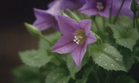 Purple flowers with raindrops on the petals after the rainの写真素材