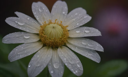 Water droplets on a white daisy flower with a blurry backgroundの写真素材