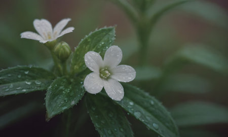Small white flower with water drops on the petals and green leavesの写真素材